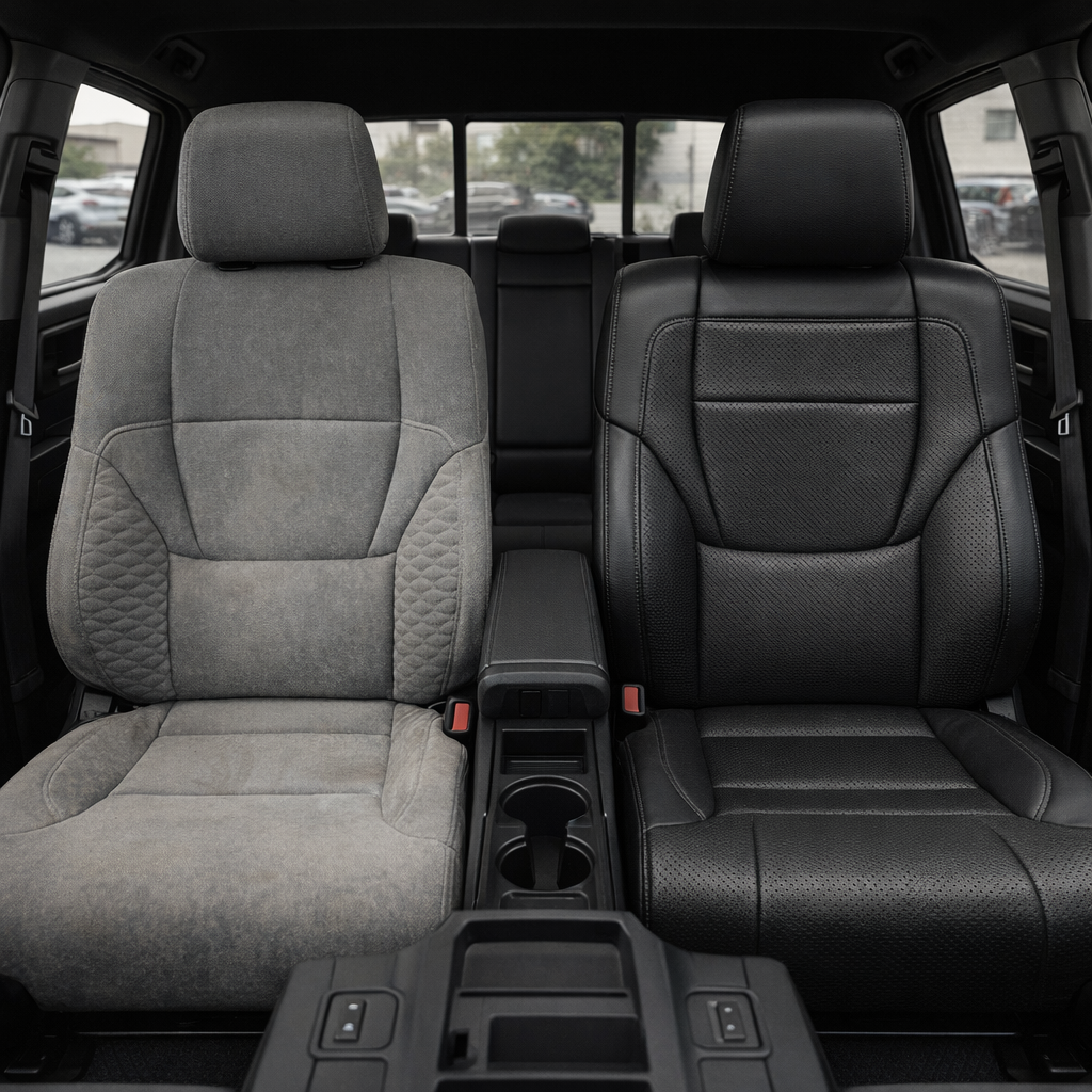 Before-and-after front in-cabin view of a 2022–2026 Toyota Tundra showing the factory gray cloth upholstery on the left front seat and the upgraded Leatherteck leather upholstery kit on the right front seat in black with perforated black inserts and black stitching, featuring a black leather headrest, black side bolsters, perforated black seatback and cushion panels, and subtle matching stitching, with the center console, cupholders, armrest, rear bench seat, rear window, seatbelt buckles, door trim, and bl
