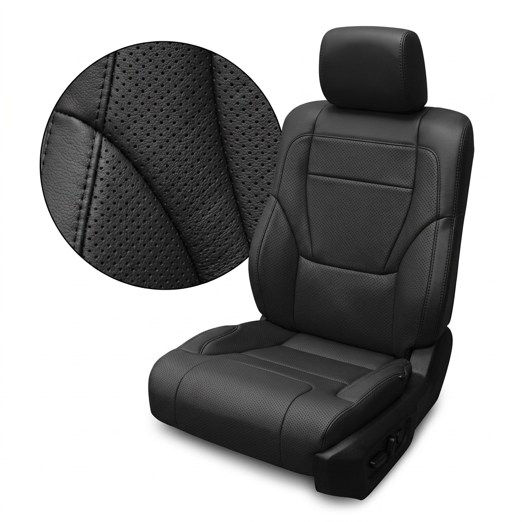  Close-up product image of a 2022–2026 Toyota Tundra Leatherteck leather upholstery kit in black with perforated black inserts and black stitching, featuring a black headrest, black leather side bolsters, perforated seatback and cushion panels, and subtle matching seam details, shown on a white background with a circular zoom inset highlighting the leather grain, perforation pattern, and black stitched seam detail.