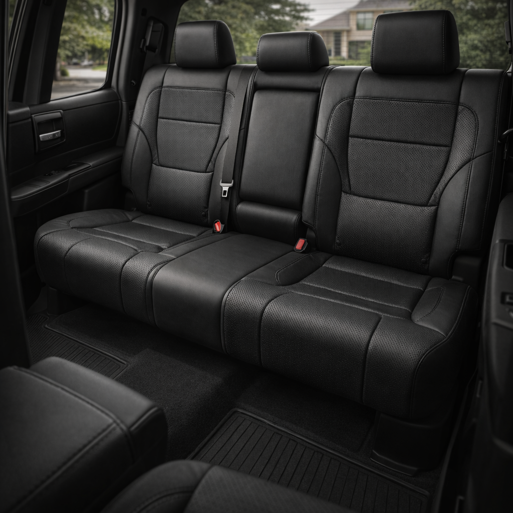 Rear in-cabin view of a 2022–2026 Toyota Tundra with an installed Leatherteck leather upholstery kit in black with perforated black inserts and black stitching, featuring a rear bench seat, three black headrests, perforated black seatback and cushion panels, matching black bolsters, and subtle stitched seam details, shown with the rear door panel, seatbelts, red seatbelt buckles, front seatbacks, black carpet, and all-weather floor mats visible.