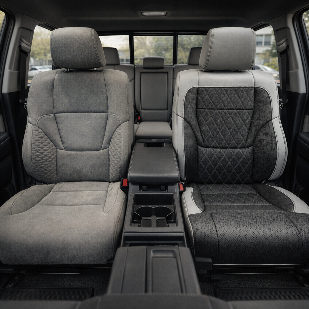 Before-and-after front in-cabin view of a 2022–2026 Toyota Tundra split side-by-side: the left front seat shows the factory gray cloth upholstery, while the right front seat shows the upgraded Leatherteck leather upholstery kit in Cement Gray and Black with black diamond-pattern insert panels, black perforated accents, Cement Gray bolsters, contrast stitching, and matching gray headrest, with the center console, cupholders, armrest, rear bench seat, headrests, rear window, seatbelt buckles, and black floor 
