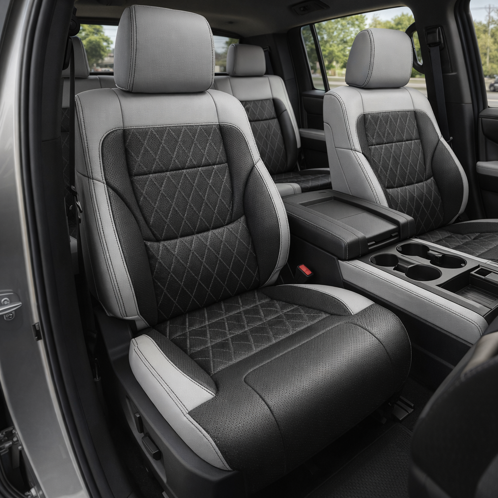Front in-cabin view of a 2022–2026 Toyota Tundra with an installed Leatherteck leather upholstery kit in Cement Gray and Black with black diamond-pattern accent inserts, featuring front bucket seats, matching Cement Gray headrests, Cement Gray outer bolsters, black perforated side panels, black diamond-stitched seatback and cushion inserts, and contrast stitching, shown with the center console, armrest, cupholders, rear bench seat, door trim, seatbelt buckle, and black interior visible.


