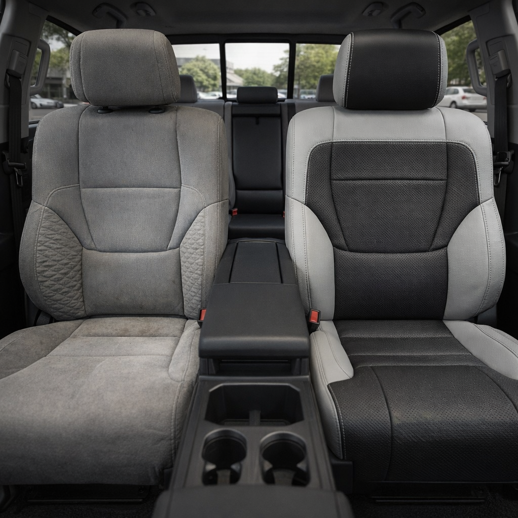  Before-and-after front in-cabin view of a 2022–2026 Toyota Tundra split by the front seats: the left front seat shows the original factory gray cloth upholstery, while the right front seat shows the upgraded Leatherteck leather upholstery kit in Cement Gray with black perforated center inserts, black seat cushion inserts, black headrest face, and gray contrast stitching, with the center console, cupholders, armrest, rear bench seat, headrests, windows, seatbelt buckles, and black floor area visible.

