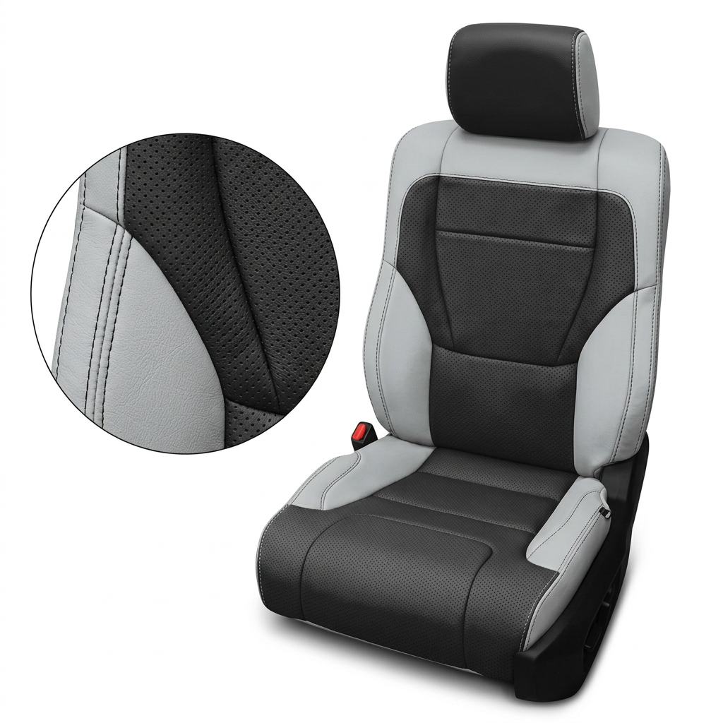 Close-up product image of a 2022–2026 Toyota Tundra Leatherteck leather upholstery kit in Cement Gray with black inserts, featuring black perforated center panels, black perforated seat cushion inserts, Cement Gray side bolsters, black headrest face, and gray contrast stitching, shown on a white background with a circular zoom inset highlighting the leather grain, perforation pattern, and double-stitched seam detail.

