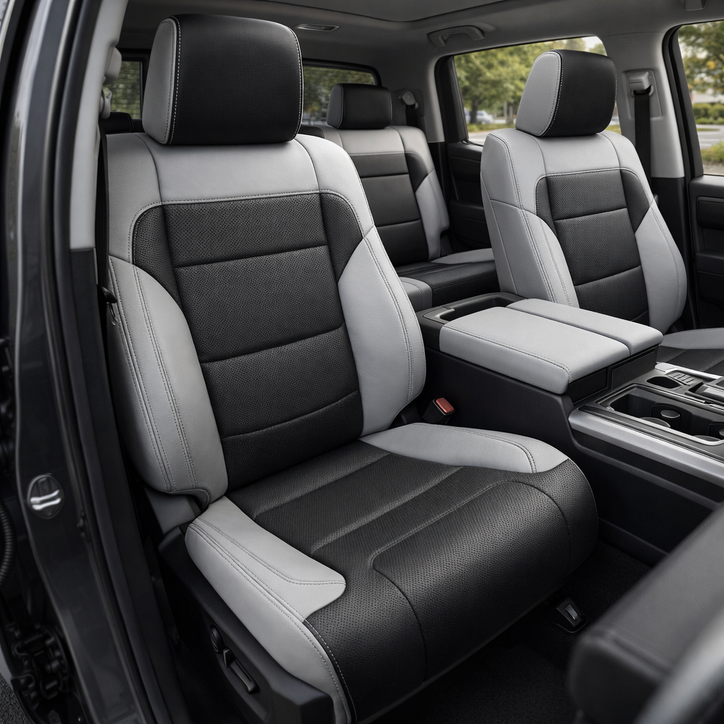  Front in-cabin view of a 2022–2026 Toyota Tundra with an installed Leatherteck leather upholstery kit in Cement Gray with black inserts, featuring black perforated center panels, black seat cushion inserts, Cement Gray side bolsters, black headrest faces, and gray contrast stitching, shown from the open driver-side door with the front bucket seats, rear bench seat, center console/armrest, cupholders, door panel, seatbelt buckle, and black floor area visible.