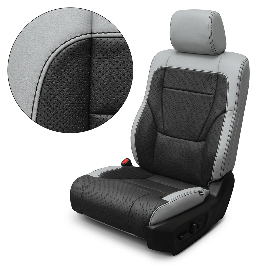  Close-up product image of a 2022–2026 Toyota Tundra Leatherteck leather upholstery kit in Cement Gray with black perforated inserts, featuring Cement Gray leather bolsters, black perforated seatback and cushion center panels, dark contrast stitching, and a matching Cement Gray headrest, shown on a white background with a circular zoom inset highlighting the leather grain, perforation pattern, and double-stitched seam detail.