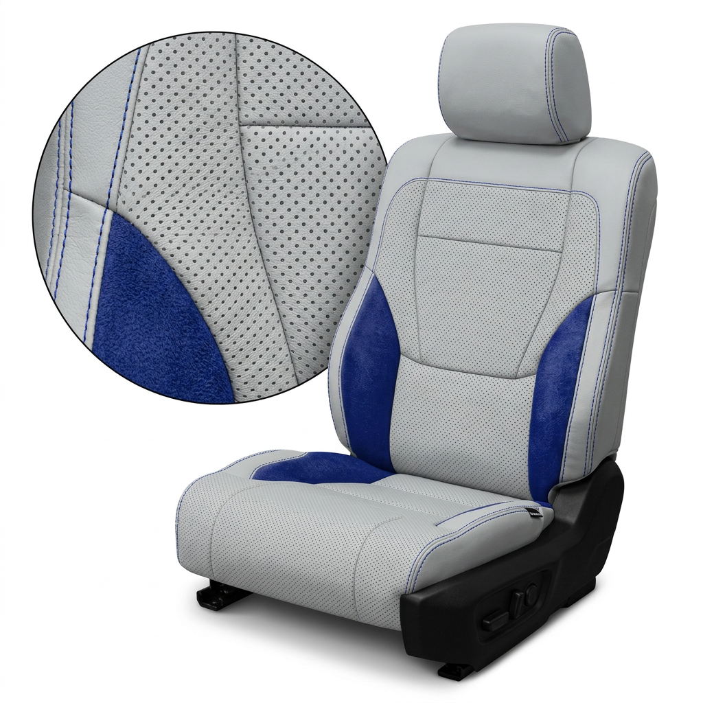 Close-up product image of a 2022–2026 Toyota Tundra Leatherteck leather upholstery kit in cement gray with sapphire blue suede accents, featuring perforated cement gray center inserts, sapphire blue suede side and cushion accent panels, and blue contrast stitching, shown on a white background with a circular zoom inset highlighting the leather grain, perforation pattern, suede texture, and double-stitched seam detail.