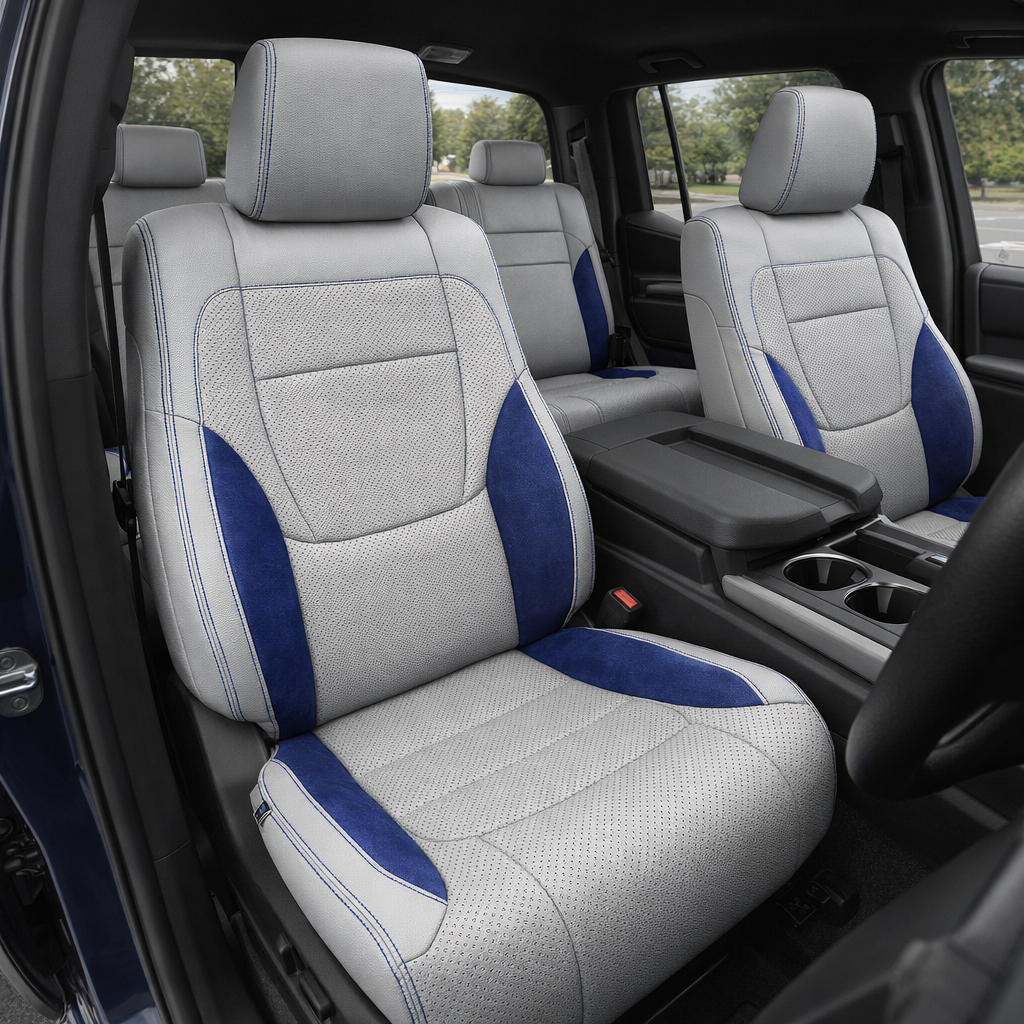  Front in-cabin view of a 2022–2026 Toyota Tundra with an installed Leatherteck leather upholstery kit in cement gray with sapphire blue suede accents, featuring perforated cement gray center inserts, sapphire blue suede side and cushion accent panels, and blue contrast stitching, shown from the open driver-side door with the front bucket seats, matching headrests, center console/armrest, cupholders, steering wheel, rear bench seat, door panel, and black floor mat visible.