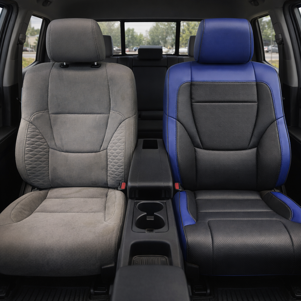 Before-and-after front in-cabin view of a 2022–2026 Toyota Tundra split side-by-side: the left front seat shows the factory gray cloth upholstery, while the right front seat shows the upgraded Leatherteck leather upholstery kit in Cobalt Blue with black front-facing panels, square-perforated blue inserts, and black piping, with the center console, cupholders, armrest, rear bench seat, headrests, seatbelt buckles, windows, and black floor mats visible.
