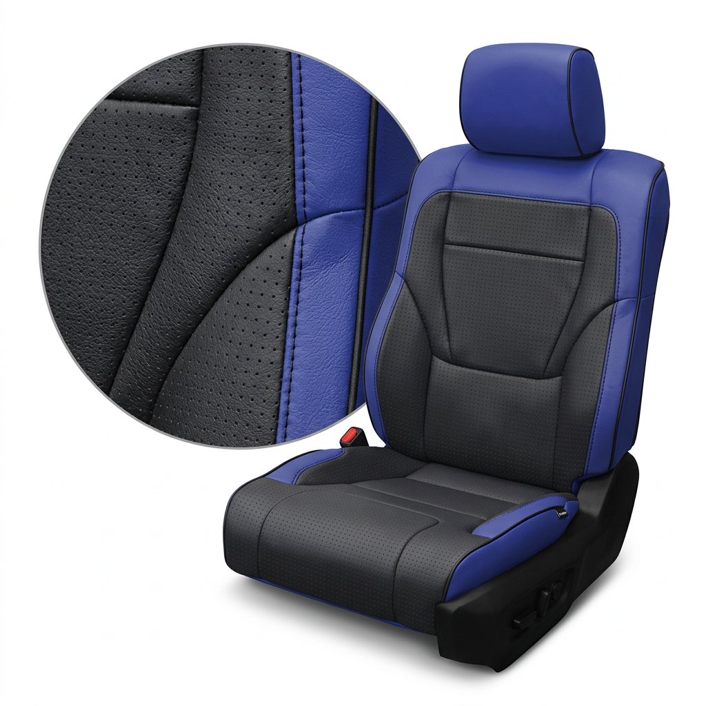 Close-up product image of a 2022–2026 Toyota Tundra Leatherteck leather upholstery kit in Cobalt Blue with black front-facing seat panels, square-perforated blue insert details, and black piping, shown on a white background with a circular zoom inset highlighting the black perforated leather texture, cobalt blue leather grain, stitched seam detail, and black edge piping.