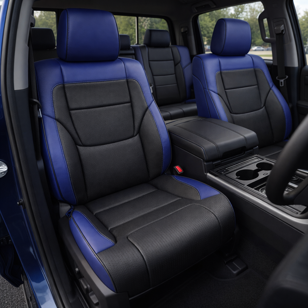 Front in-cabin view of a 2022–2026 Toyota Tundra with an installed Leatherteck leather upholstery kit in Cobalt Blue, featuring black front-facing seat panels, square-perforated blue inserts, black piping, and blue contrast accents, shown with the front bucket seats, matching headrests, center console, cupholders, armrest, steering wheel edge, rear bench seat, door panels, and black floor mats visible.
