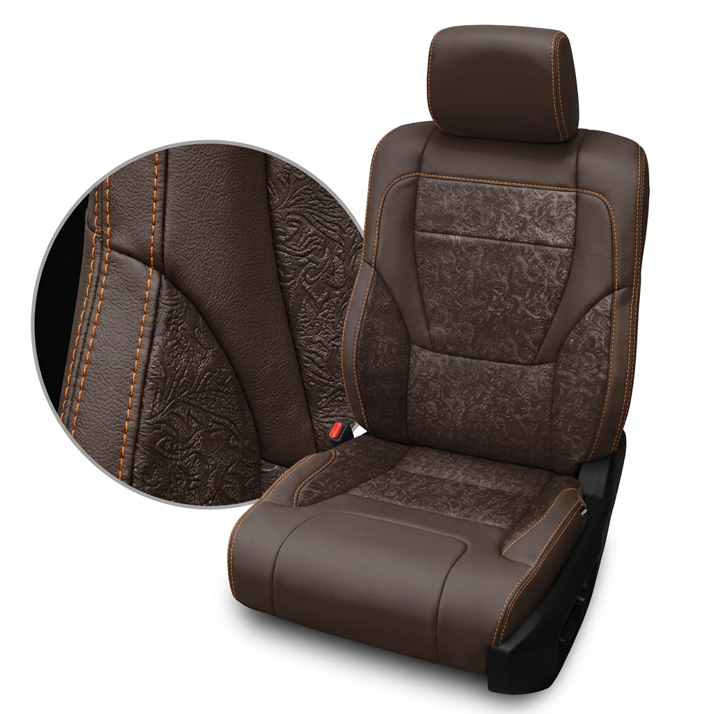 Close-up product image of a 2022–2026 Toyota Tundra Leatherteck leather upholstery kit in Coffee Brown with Western floral accent panels and orange contrast stitching, featuring brown leather bolsters, floral-pattern seatback and cushion inserts, and a matching Coffee Brown headrest, shown on a white background with a circular zoom inset highlighting the leather grain, embossed Western floral texture, and double-stitched orange seam detail.

