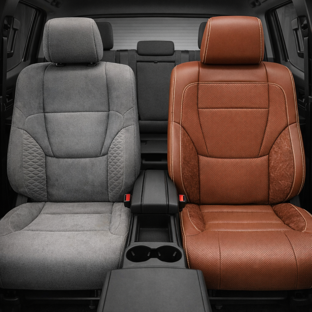 Before-and-after front in-cabin view of a 2022–2026 Toyota Tundra split side-by-side: the left front seat shows the factory gray cloth upholstery, while the right front seat shows the upgraded Leatherteck leather upholstery kit in Cognac Brown with perforated center panels, Western floral saddle accent panels, and light contrast stitching, with the center console, cupholders, armrest, rear bench seat, headrests, door panels, and black interior trim visible.