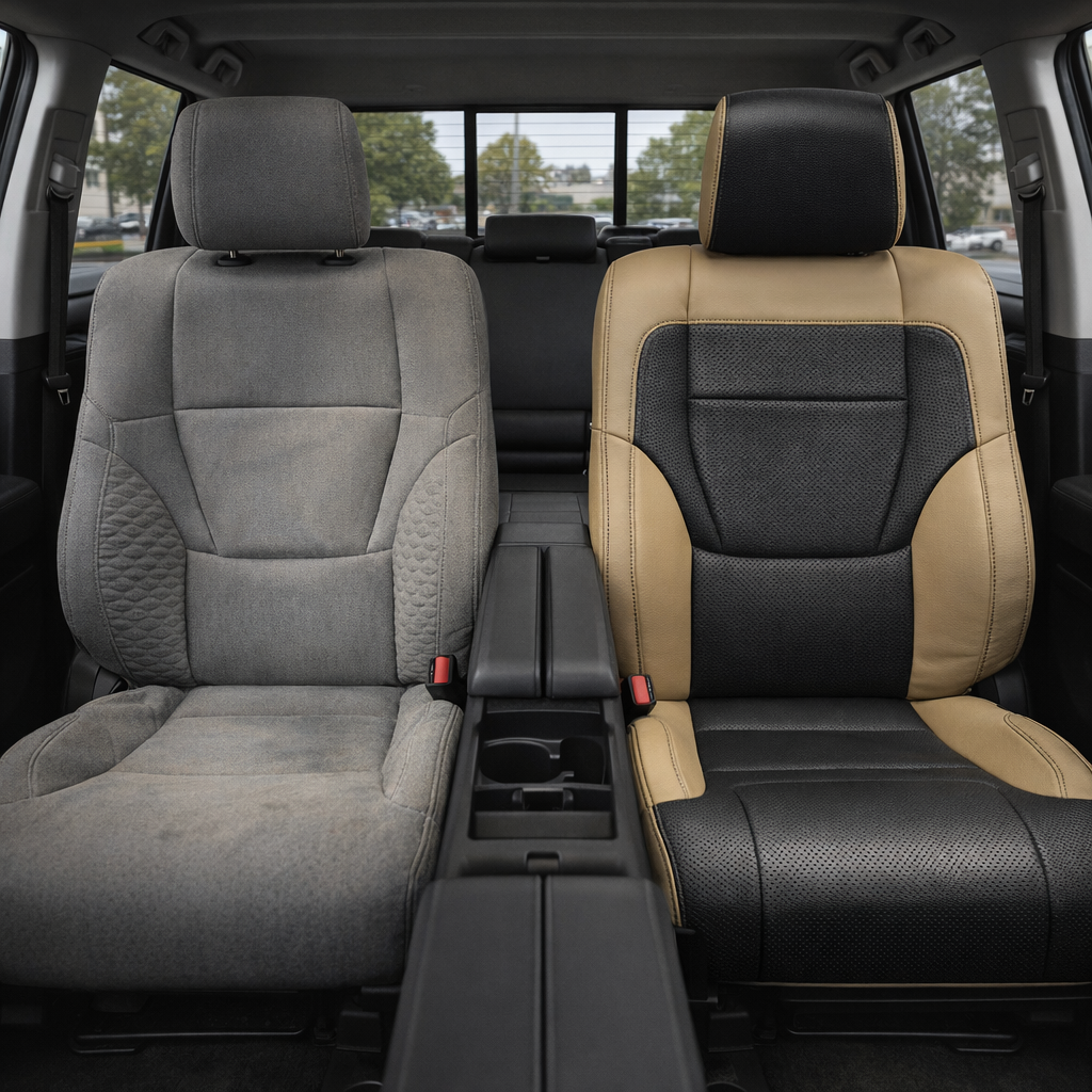 Before-and-after front in-cabin view of a 2022–2026 Toyota Tundra split by seats: the left front seat shows the original factory gray cloth upholstery, while the right front seat shows the upgraded Leatherteck leather upholstery kit in Cream Beige with black inserts, featuring Cream Beige leather bolsters, black perforated center panels, a black headrest face, and black contrast stitching, with the center console, cupholders, rear bench seat, headrests, rear window, seatbelt buckles, and black carpet visibl