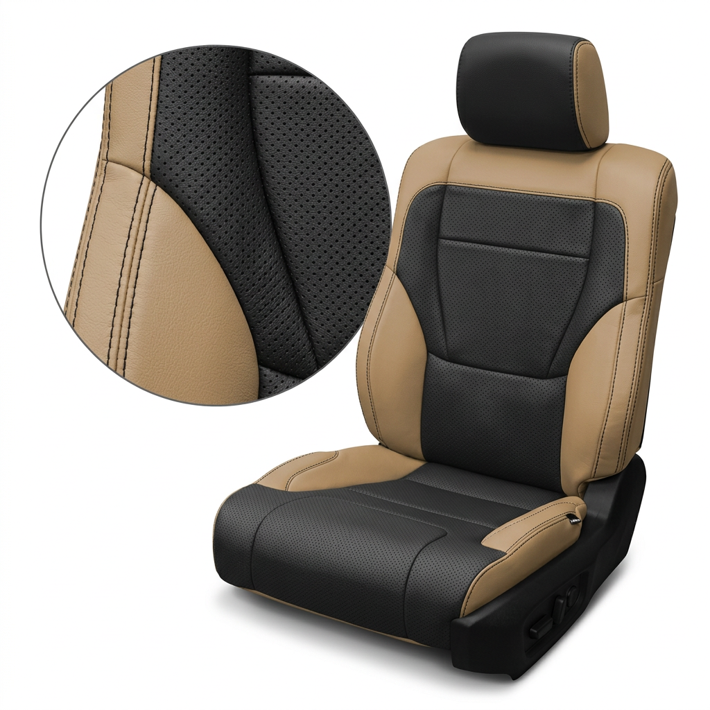  Close-up product image of a 2022–2026 Toyota Tundra Leatherteck leather upholstery kit in Cream Beige with black inserts, featuring Cream Beige leather bolsters, black perforated center inserts, black perforated seat cushion panels, a black headrest face, and black contrast stitching, shown on a white background with a circular zoom inset highlighting the leather grain, perforation pattern, and double-stitched seam detail.