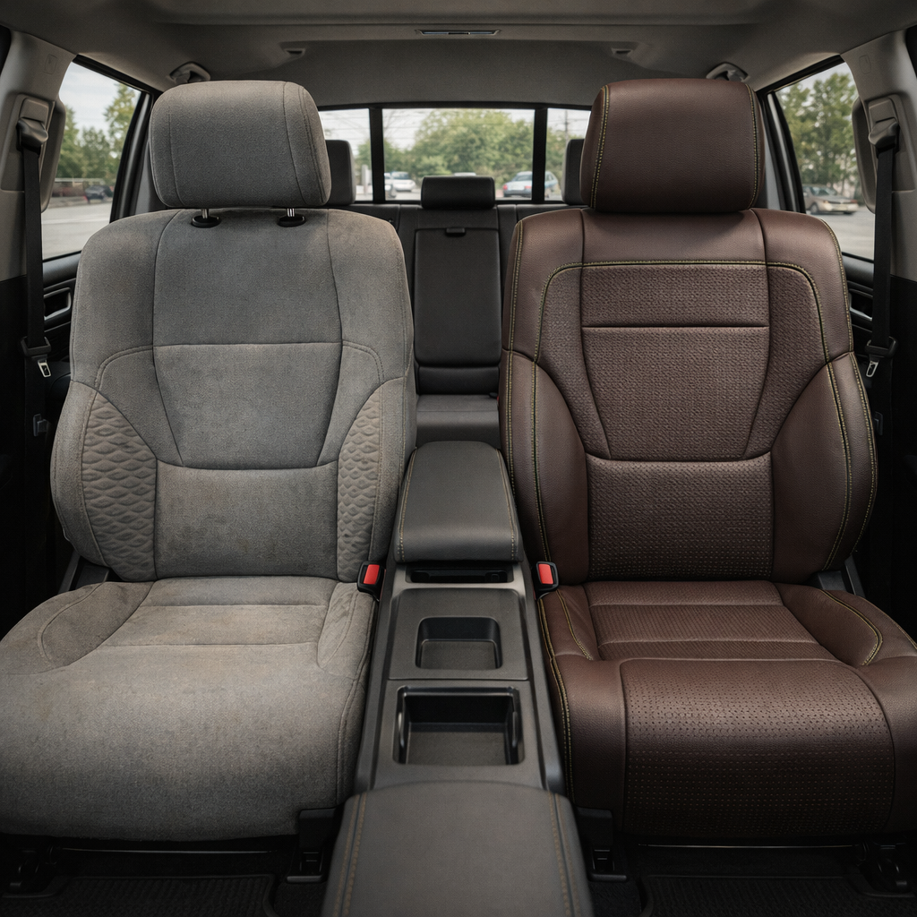 Before-and-after front in-cabin view of a 2022–2026 Toyota Tundra split side-by-side: the left front seat shows the factory gray cloth upholstery, while the right front seat shows the upgraded Leatherteck leather upholstery kit in Java Brown with square perforated inserts and Evergreen contrast stitching, with the center console, cupholders, rear bench seat, headrests, seatbelt buckles, rear window, door panels, and black floor mats visible.
