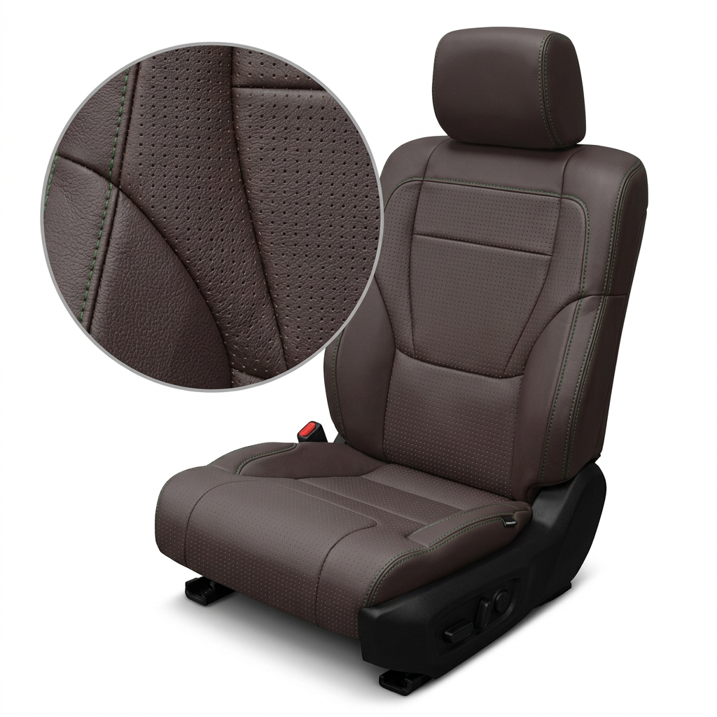 Close-up product image of a 2022–2026 Toyota Tundra Leatherteck leather upholstery kit in Java Brown, featuring square perforated seat inserts and Evergreen contrast stitching, shown on a white background with a circular zoom inset highlighting the leather grain, square perforation pattern, and double-stitched seam detail.

