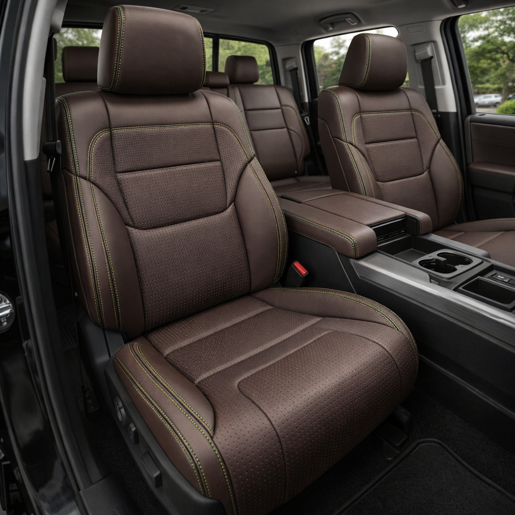  Front in-cabin view of a 2022–2026 Toyota Tundra with an installed Leatherteck leather upholstery kit in Java Brown, featuring square perforated seat inserts and Evergreen contrast stitching, shown with the front bucket seats, matching headrests, rear bench seat, center console/armrest, cupholders, door panel, seat controls, seatbelt buckle, and black floor mat visible.