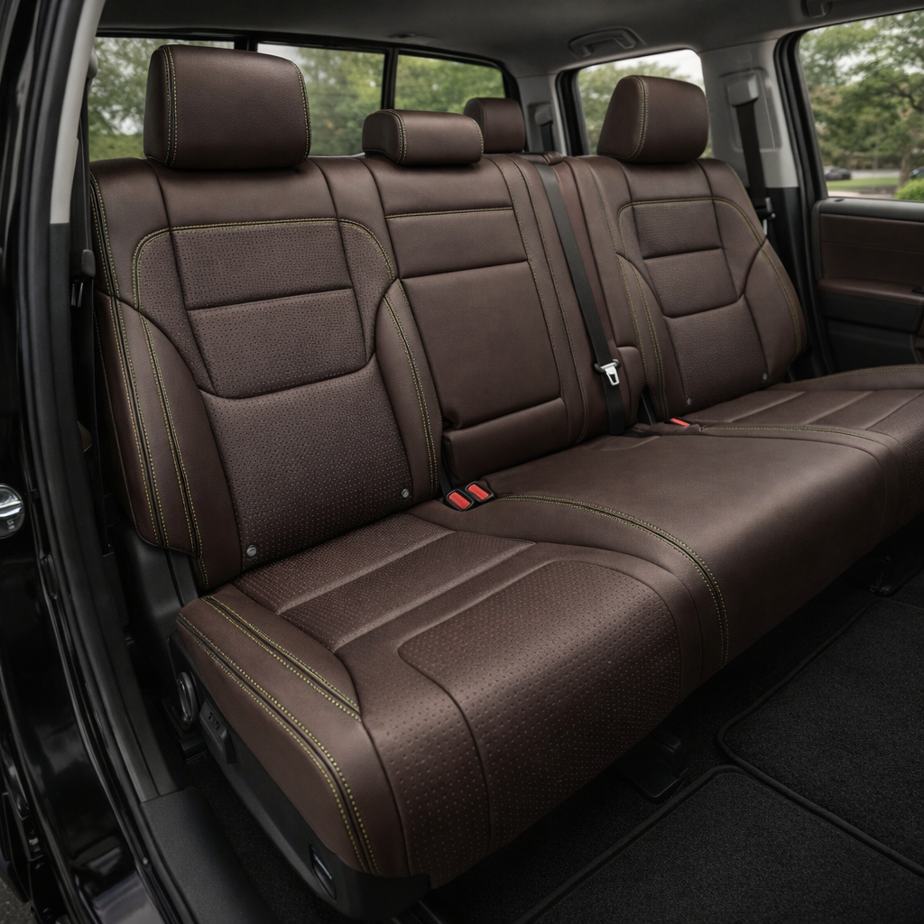 Rear in-cabin view of a 2022–2026 Toyota Tundra with an installed Leatherteck leather upholstery kit in Java Brown, featuring square perforated seat inserts and Evergreen contrast stitching, showing the rear bench seat, three matching headrests, seatbelts and buckles, rear door panel, rear window, black carpet, and floor mats visible.