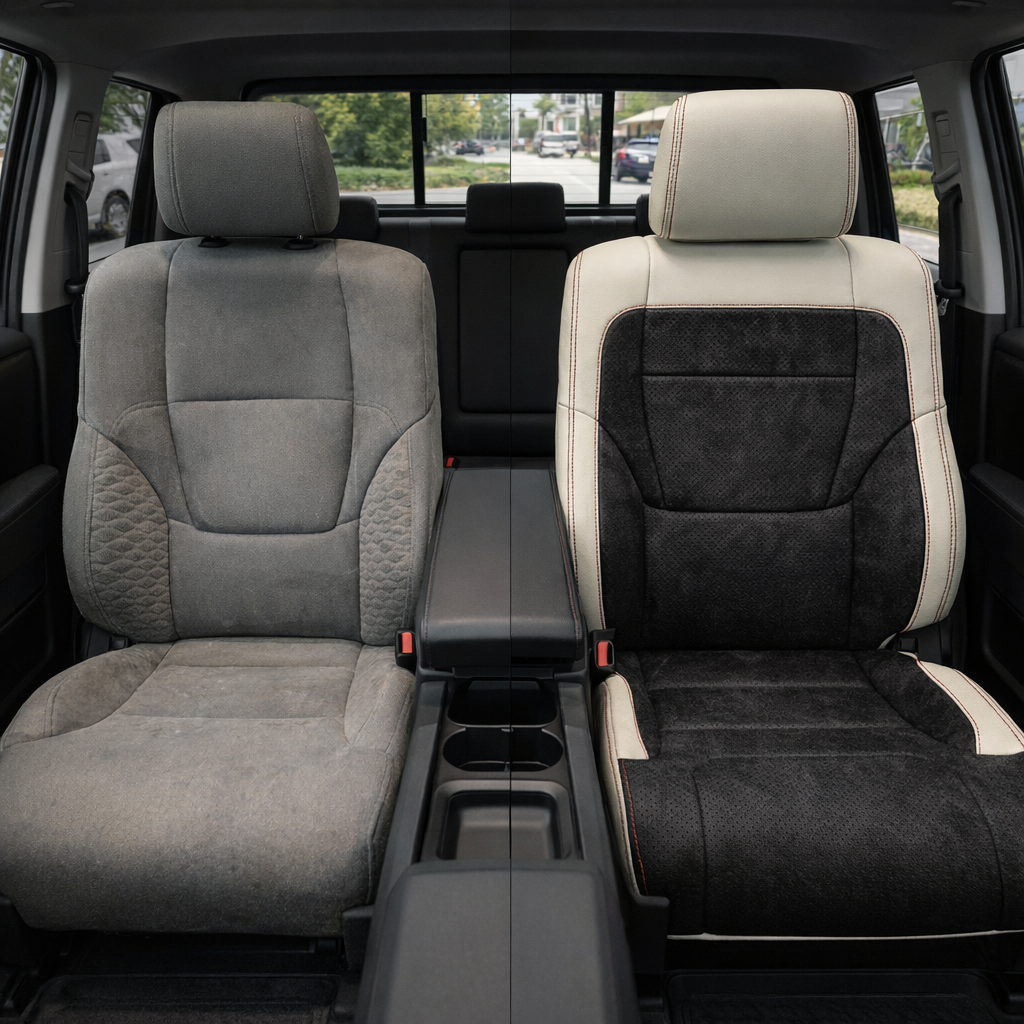 Before-and-after front in-cabin view of a 2022–2026 Toyota Tundra split down the middle: the left front seat shows the factory gray cloth upholstery, while the right front seat shows the upgraded Leatherteck leather upholstery kit in Pearl White and Black Suede with black perforated suede center inserts, pearl white outer bolsters, and red contrast stitching, with the center console, cupholders, armrest, rear bench seat, headrests, seatbelt buckles, door panels, and black floor mats visible.