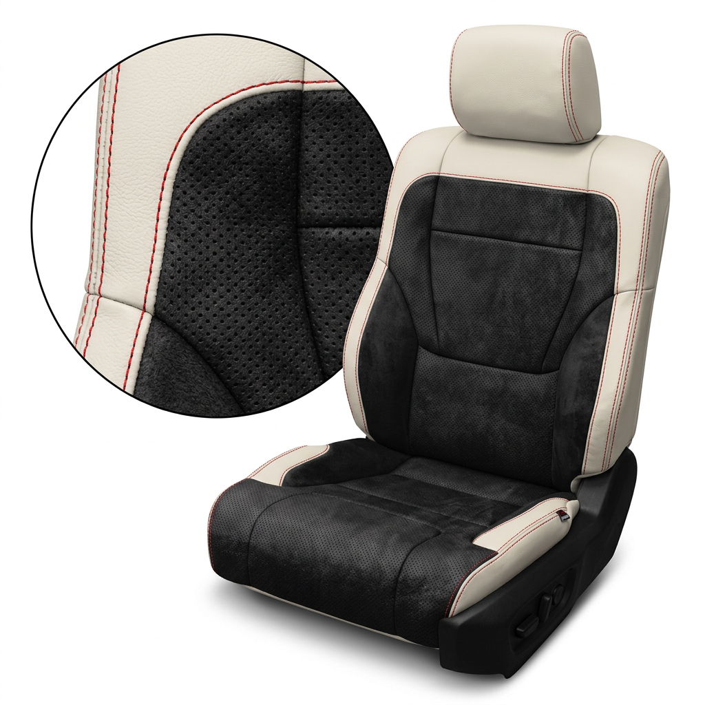 Close-up product image of a 2022–2026 Toyota Tundra Leatherteck leather upholstery kit in Pearl White and Black Suede, featuring pearl white outer bolsters and headrest, black perforated leather center panels, black suede accent inserts, and red contrast stitching, shown on a white background with a circular zoom inset highlighting the leather grain, perforation pattern, suede texture, and red double-stitched seam detail.