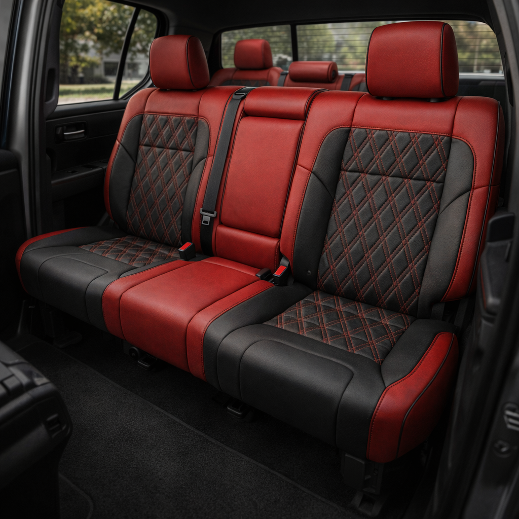  Rear in-cabin view of a 2022–2026 Toyota Tundra with an installed Leatherteck leather upholstery kit in red with black accents and diamond-stitched inserts, featuring a rear bench seat with red leather bolsters, black side and cushion panels, black diamond-quilted center inserts with red stitching, and black piping, shown through the open rear door with three red headrests, seatbelts/buckles, rear door panel, rear window, front seatback, and black carpet floor mat visible.