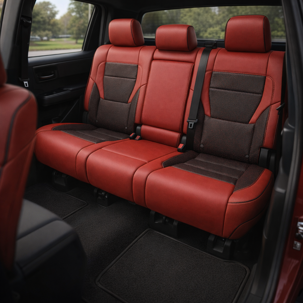 Rear in-cabin view of a 2022–2026 Toyota Tundra with an installed Leatherteck leather upholstery kit in red with black piping and stitching, featuring a rear bench seat with red leather bolsters, black textured front-facing seat panels, black accent sections, black edge piping, and black stitched seam details, shown through the open rear door with three red headrests, seatbelts/buckles, rear door panel, front seatback, rear window, black carpet, and floor mats visible.