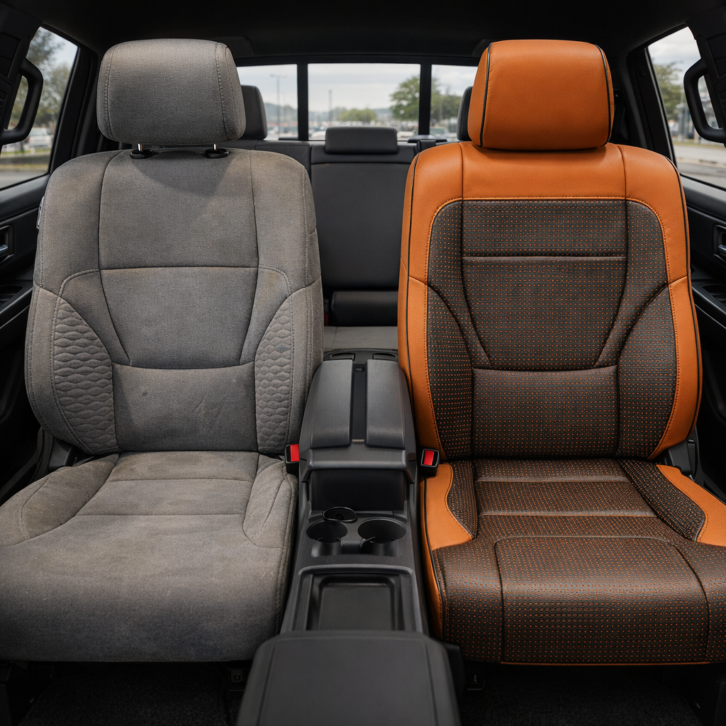  Before-and-after front in-cabin view of a 2022–2026 Toyota Tundra split side-by-side: the left front seat shows the factory gray cloth upholstery, while the right front seat shows the upgraded Leatherteck leather upholstery kit in Tangerine Orange with square-perforated accent panels, black piping, black center inserts, and orange contrast stitching, with the center console, cupholders, armrest, rear bench seat, headrests, rear window, and red seatbelt buckles visible.