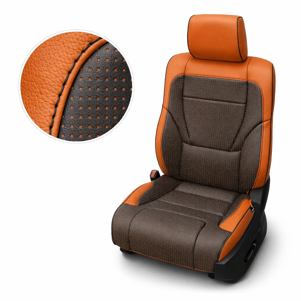 Close-up product image of a 2022–2026 Toyota Tundra Leatherteck leather upholstery kit in Tangerine Orange with dark square-perforated accent panels and black piping, featuring a matching orange headrest, orange leather side bolsters, dark perforated seatback and cushion inserts, and orange contrast stitching, shown on a white background with a circular zoom inset highlighting the leather grain, square perforation pattern, black piping, and stitched seam detail.
