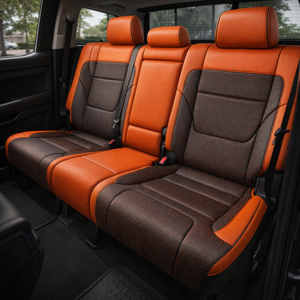 Rear in-cabin view of a 2022–2026 Toyota Tundra with an installed Leatherteck leather upholstery kit in Tangerine Orange with square-perforated accent panels and black piping, featuring a rear bench seat, three matching Tangerine Orange headrests, dark square-perforated seatback and cushion inserts, orange bolsters, orange contrast stitching, and black edge piping, shown with seatbelts, red seatbelt buckles, rear door trim, rear window, front seatback, and black all-weather floor liner visible.