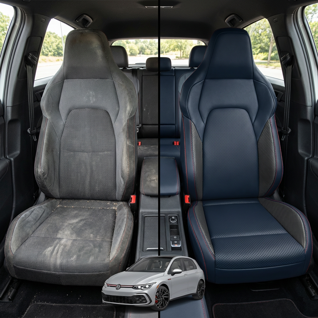 Before-and-after comparison of front seats, showing cloth seat upgraded to perforated leather upholstery.