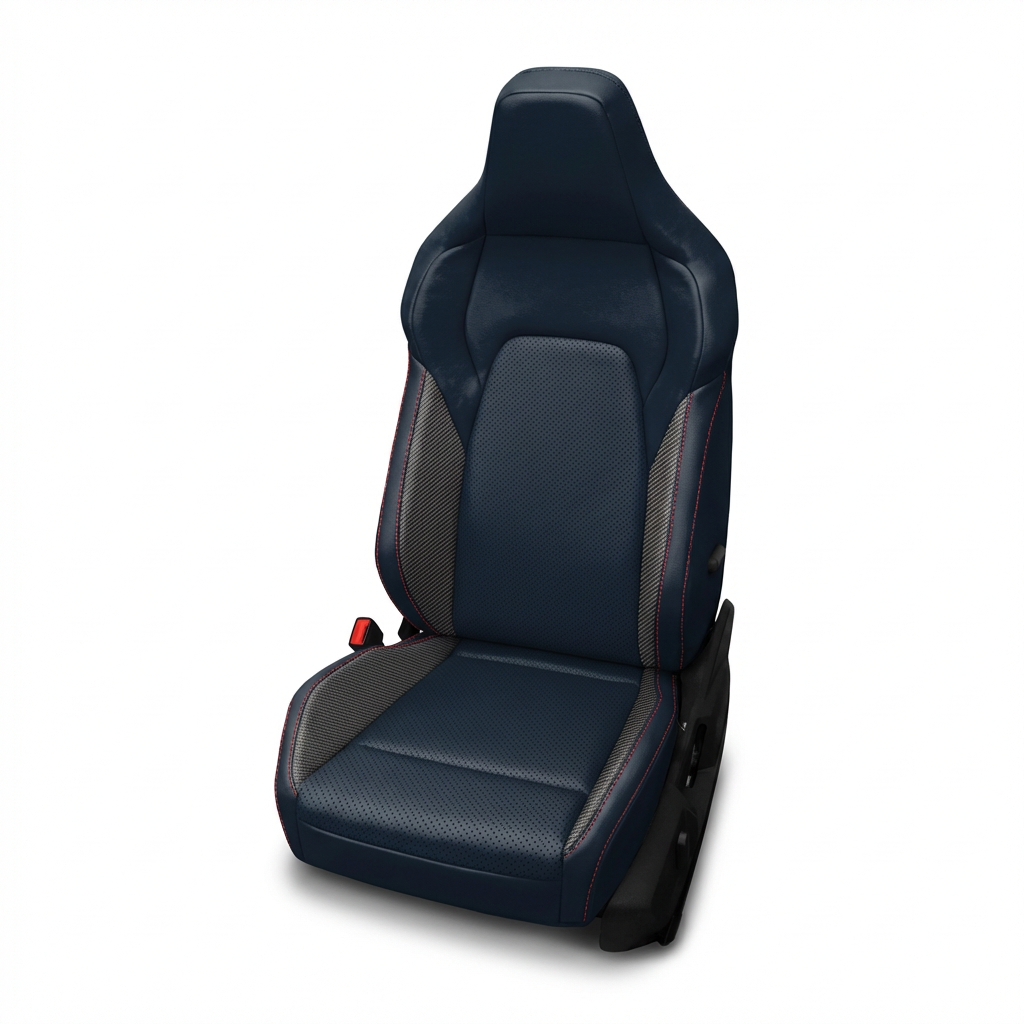 Blue car seat with black accents on a white background