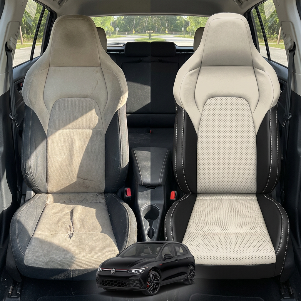 Before-and-after comparison of front seats, showing cloth seat upgraded to perforated leather upholstery.