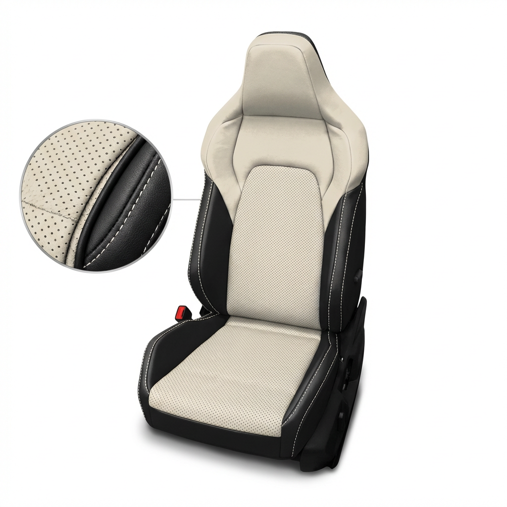 Beige and black car seat cover with detailed stitching on a white background