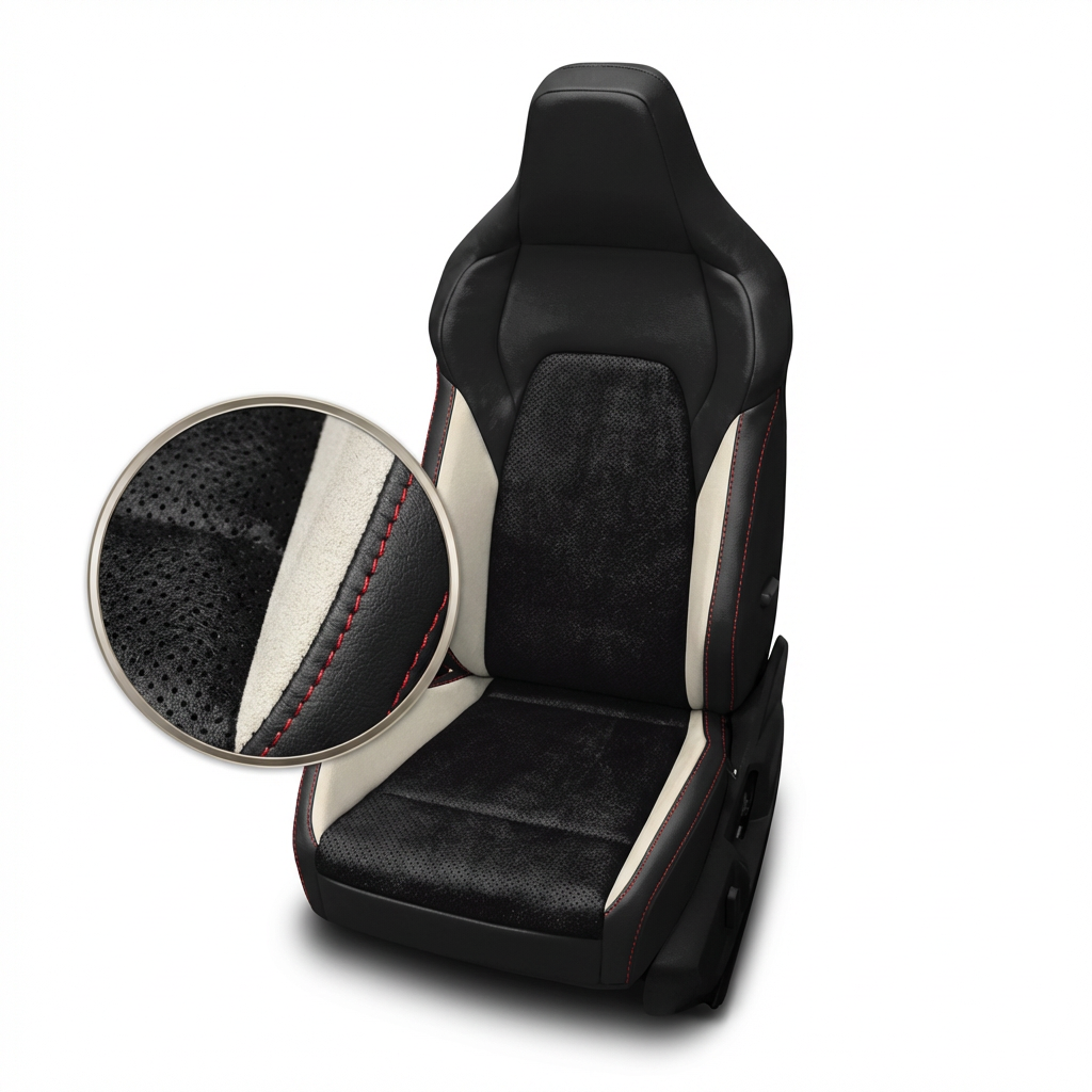 Black car seat cover with white stitching on a white background