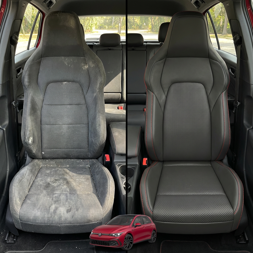 Before-and-after comparison of front seats, showing cloth seat upgraded to perforated leather upholstery.