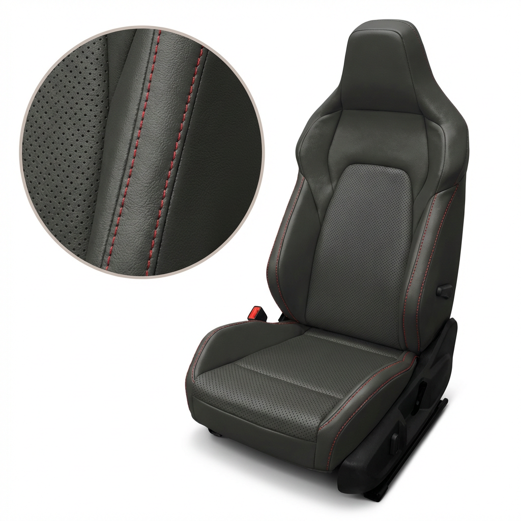 Gray car seat with red stitching details on a white background