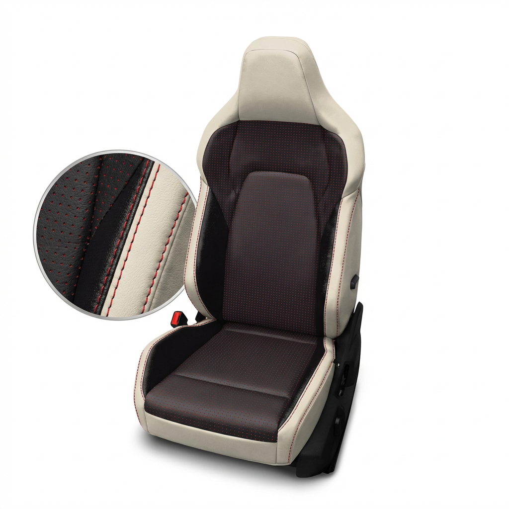 Car seat with beige and brown design, close-up of stitching detail on a white background