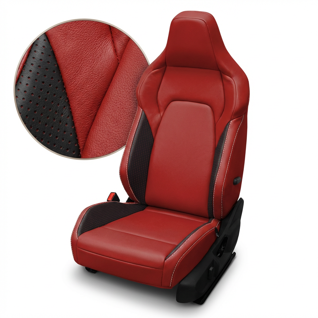 Red car seat with black accents and close-up of leather texture on a white background
