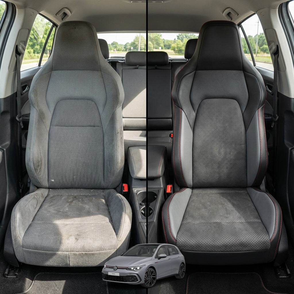 Before-and-after comparison of front seats, showing cloth seat upgraded to perforated leather upholstery.