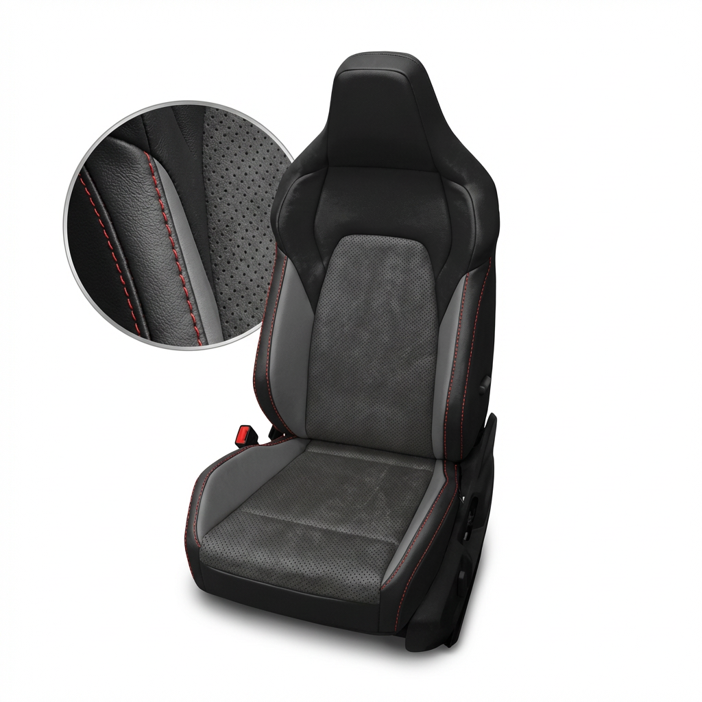 Black and gray car seat with red stitching detail on a white background