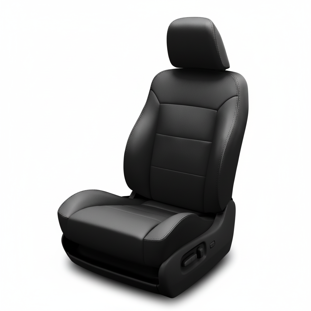 Black leather car seat with smooth panels on a white background.
