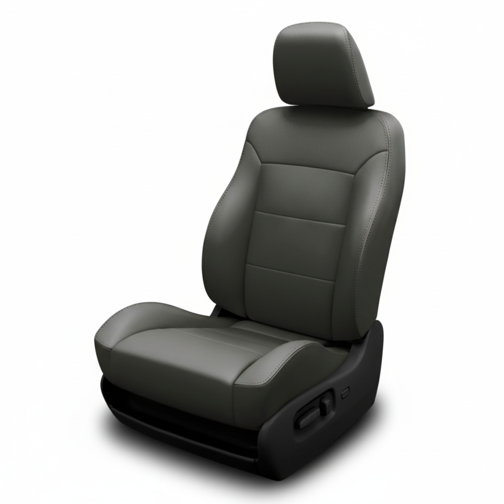 Dark gray leather car seat with smooth panels on a white background.
