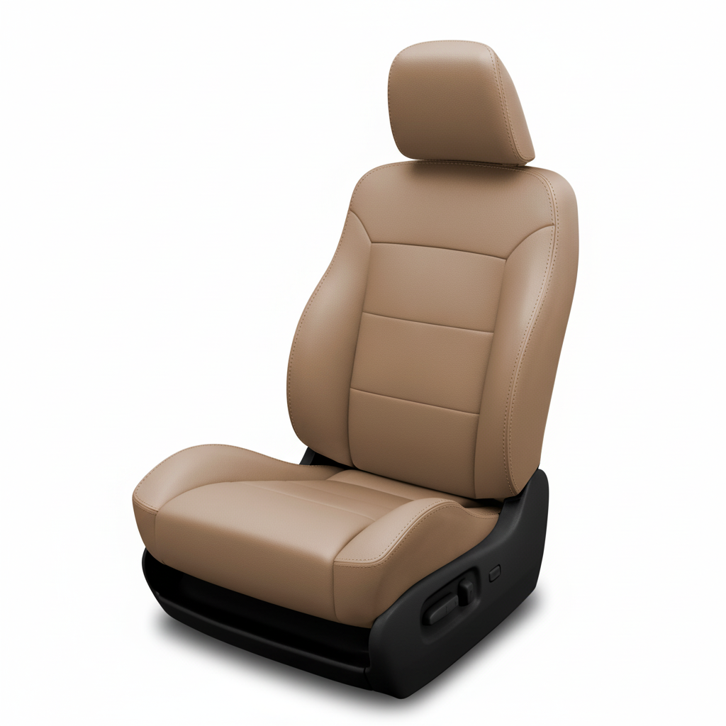 Tan leather car seat with smooth panels on a white background.
