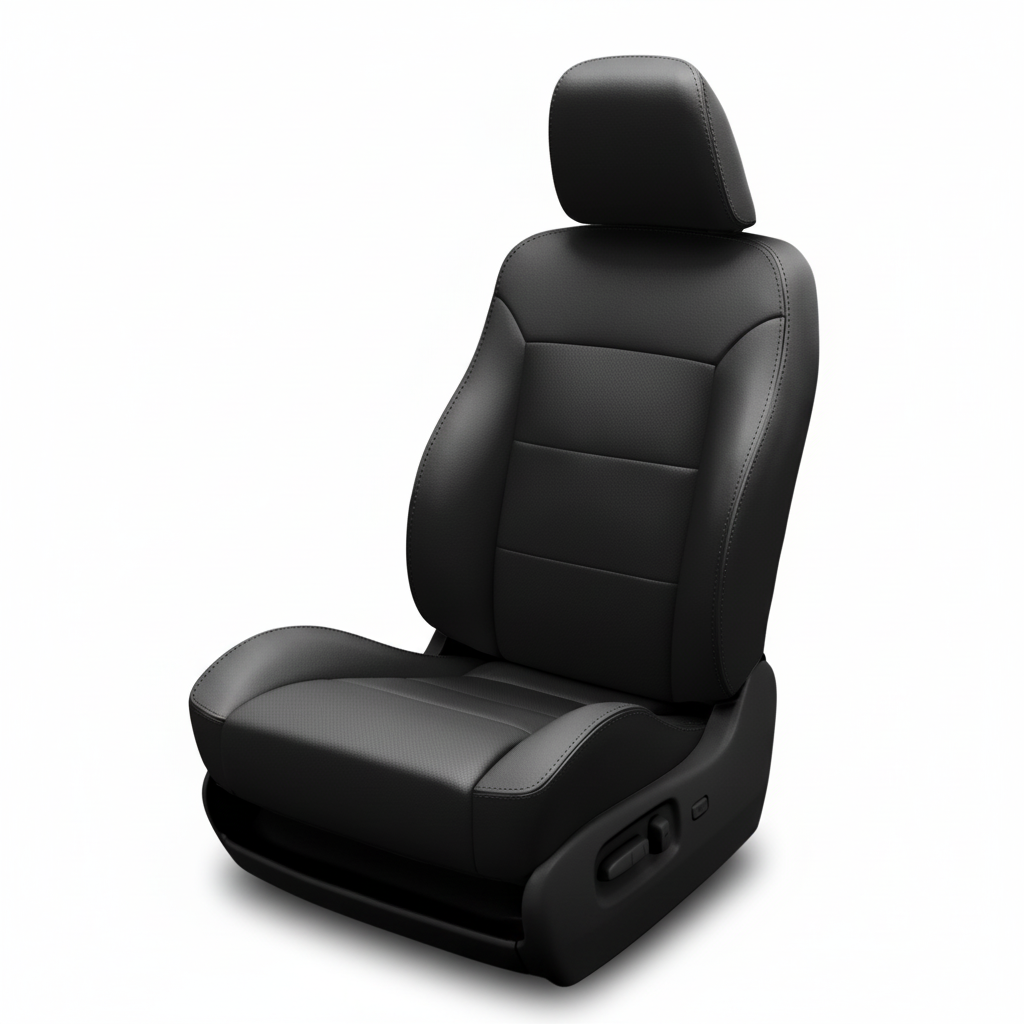 Black leather car seat with smooth panels on a white background.

