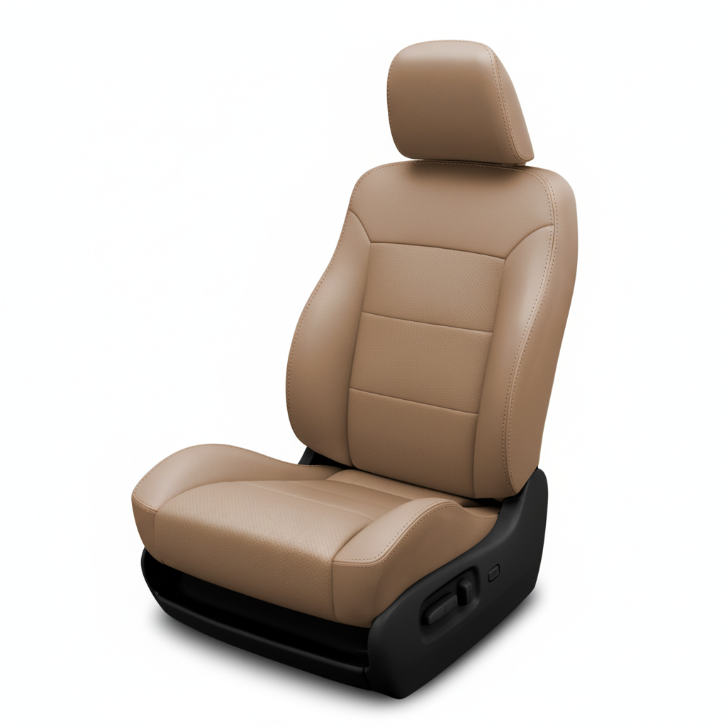 Tan leather car seat with smooth panels on a white background.
