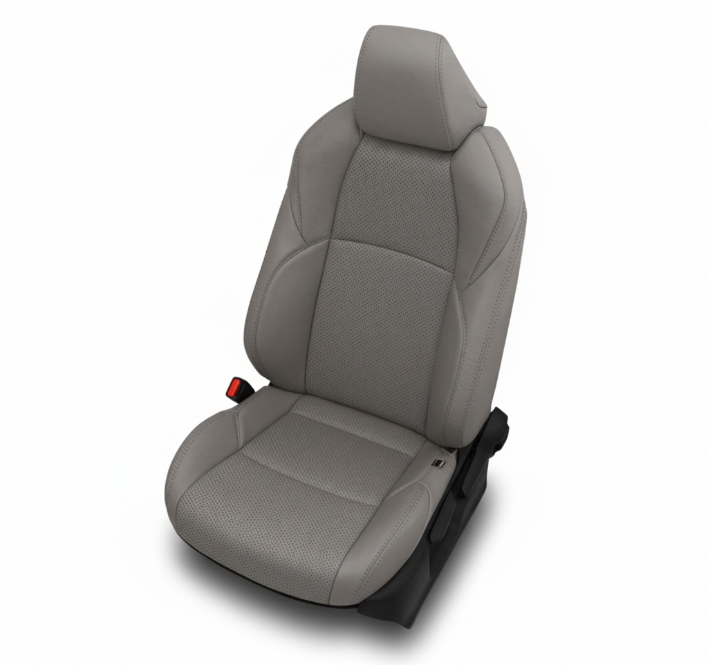 Ash gray leather car seat with perforated inserts on a white background.
