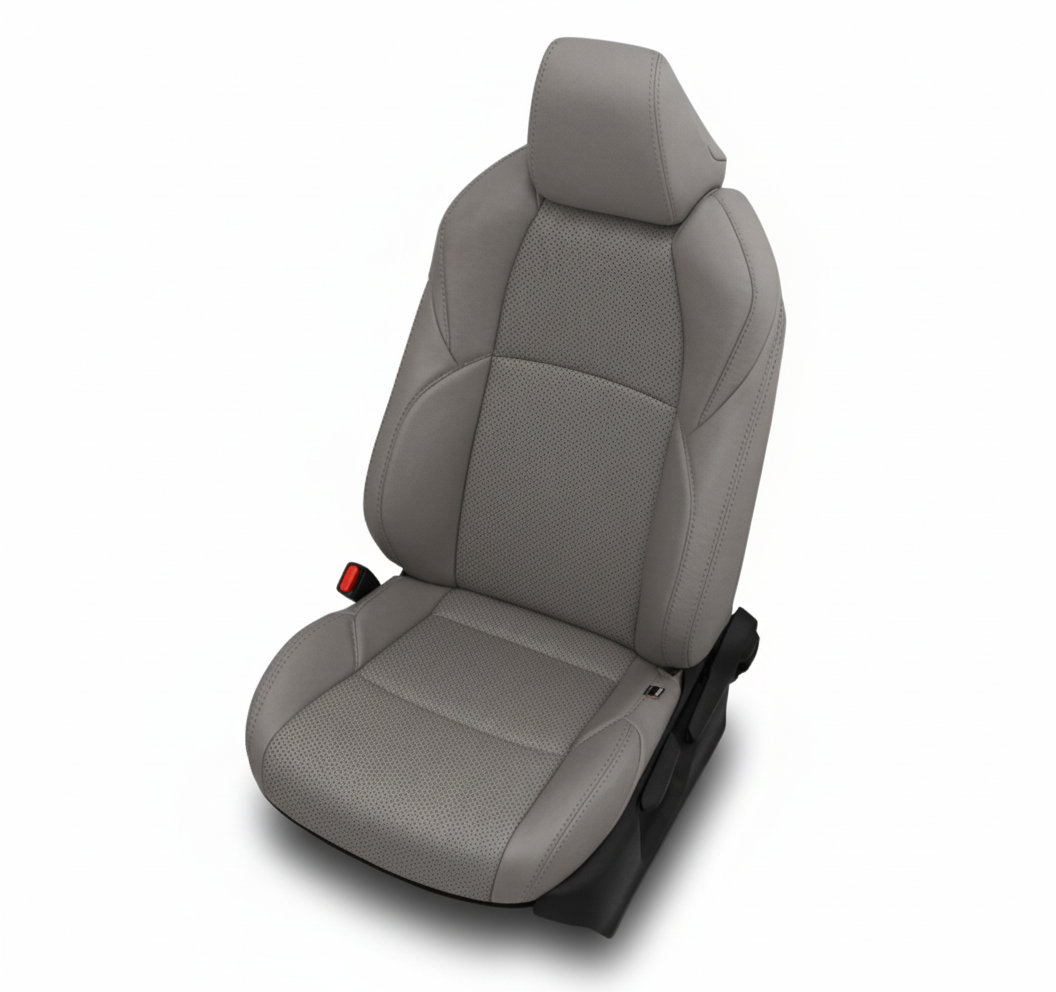 Ash gray leather car seat with perforated inserts on a white background.
