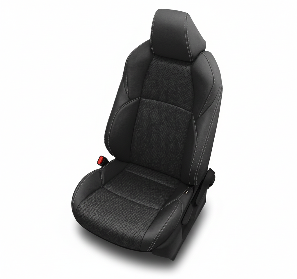 Black leather car seat with perforated inserts and lapis stitching on a white background.
