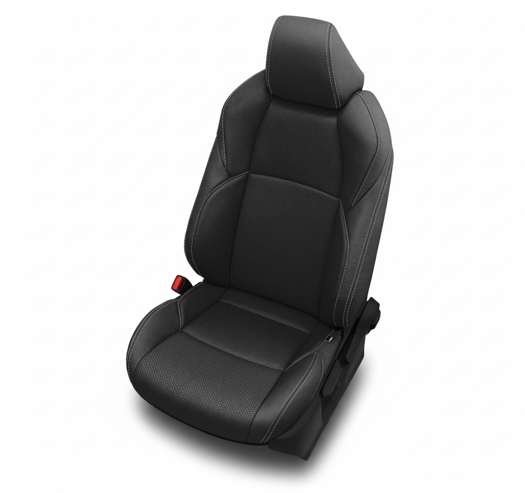 Black leather car seat with perforated inserts and lapis stitching on a white background.
