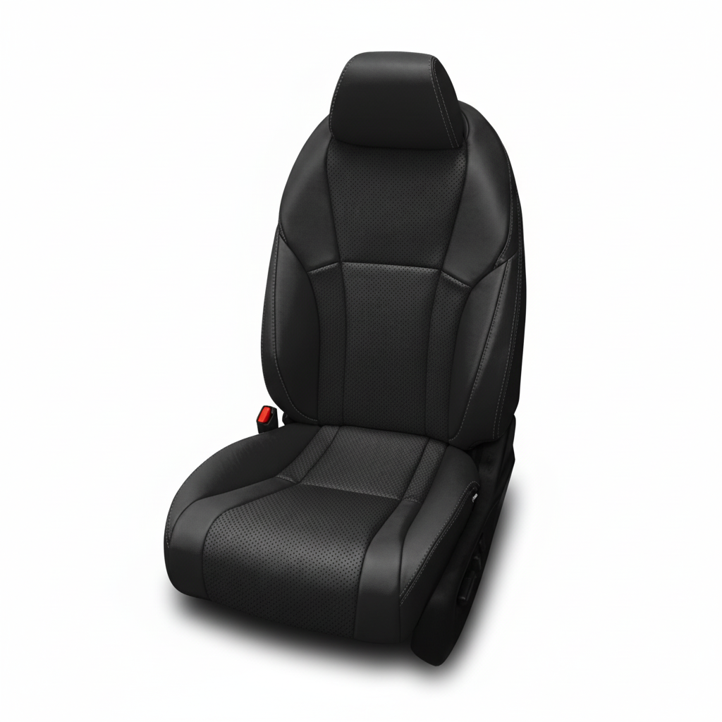 Black leather car seat with perforated center panels on a white background.
